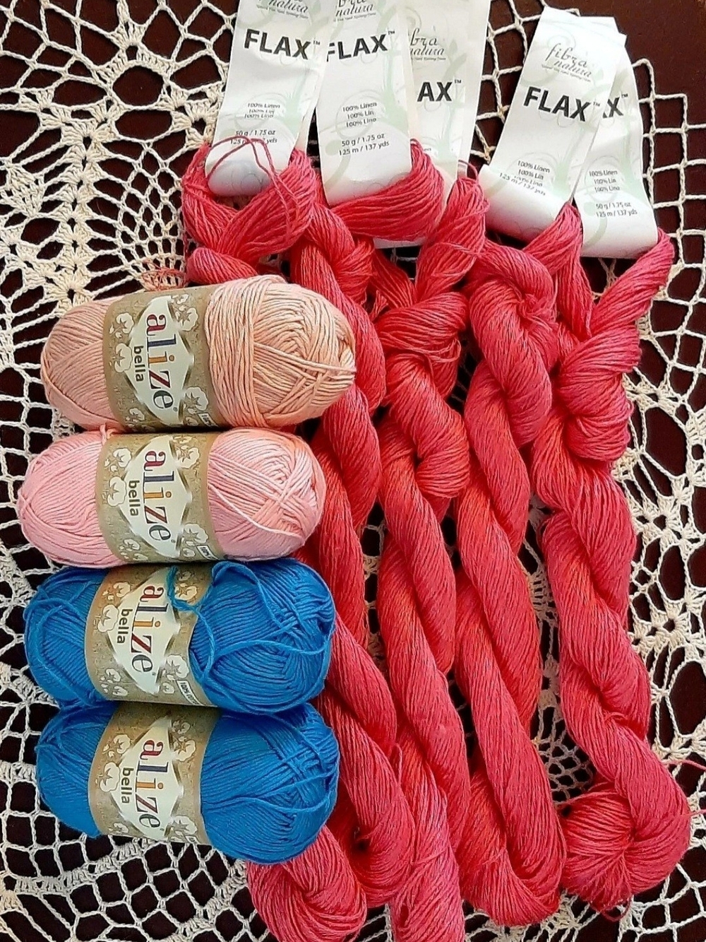 Coral,Pink,Red and Blue Yarn Bundle - Alize Bella & Flax